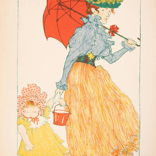 French print of a woman holding a red umbrella in one hand, and bucket and the hand of a little girl in a yellow dress in the other.